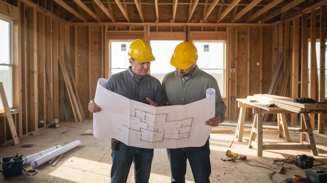 Two real estate investors in hard hats are reviewing blueprints inside a house under renovation, showcasing exposed framing and highlighting the strategic renovations necessary for house flipping. This scene emphasizes the importance of estimated repair costs and the flipping process in the current real estate market.