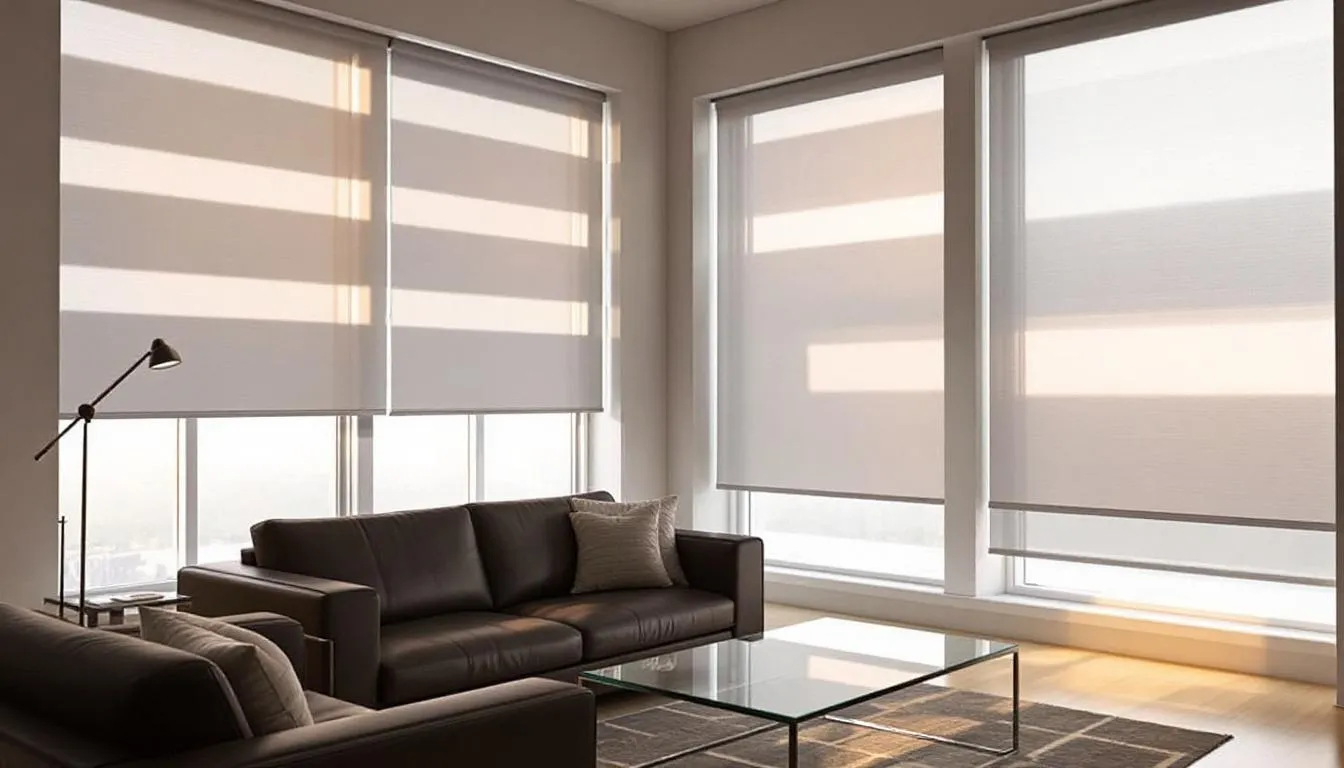 In a modern living room, solar roller shades gently filter natural light through large windows, creating a clean look and enhancing the space's inviting atmosphere. The shades are designed to optimize light control while maintaining a stylish appearance, making this room perfect for family gatherings or relaxation.