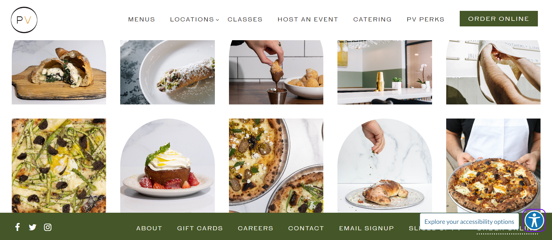 screenshot of the home page of the pizzeria vetri restaurant website 