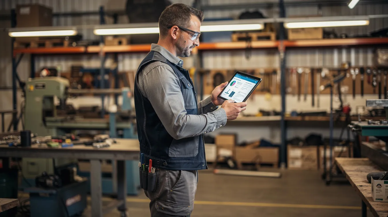 A professional stands in a workshop, intently using a tablet to conduct online research related to industry information, highlighting the importance of search visibility and keyword research for optimizing web traffic. The scene reflects a focus on content strategy and the use of engagement tools to enhance the member experience within an association.