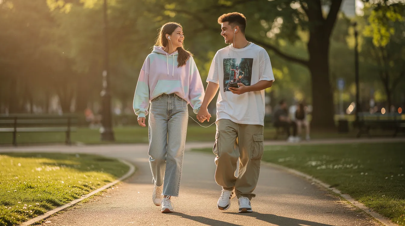 A young Gen Z couple strolls hand-in-hand through a serene park, radiating love and emotional closeness. Their expressions reflect a deep emotional connection as they share moments of laughter and intimacy, embodying the essence of being emotionally available in their romantic relationship.