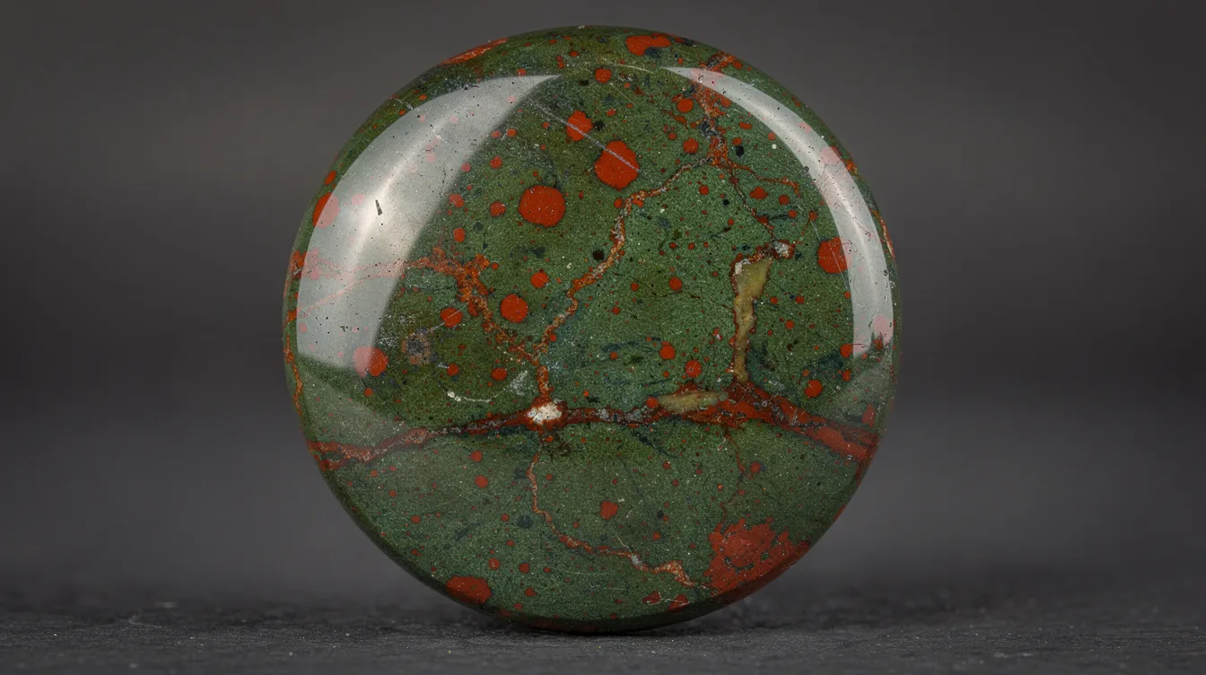 A close-up view of a polished bloodstone cabochon reveals its deep green color, adorned with scattered red spots that resemble drops of blood. This natural stone showcases its unique beauty and clarity, making it a valuable addition to any jewelry collection.