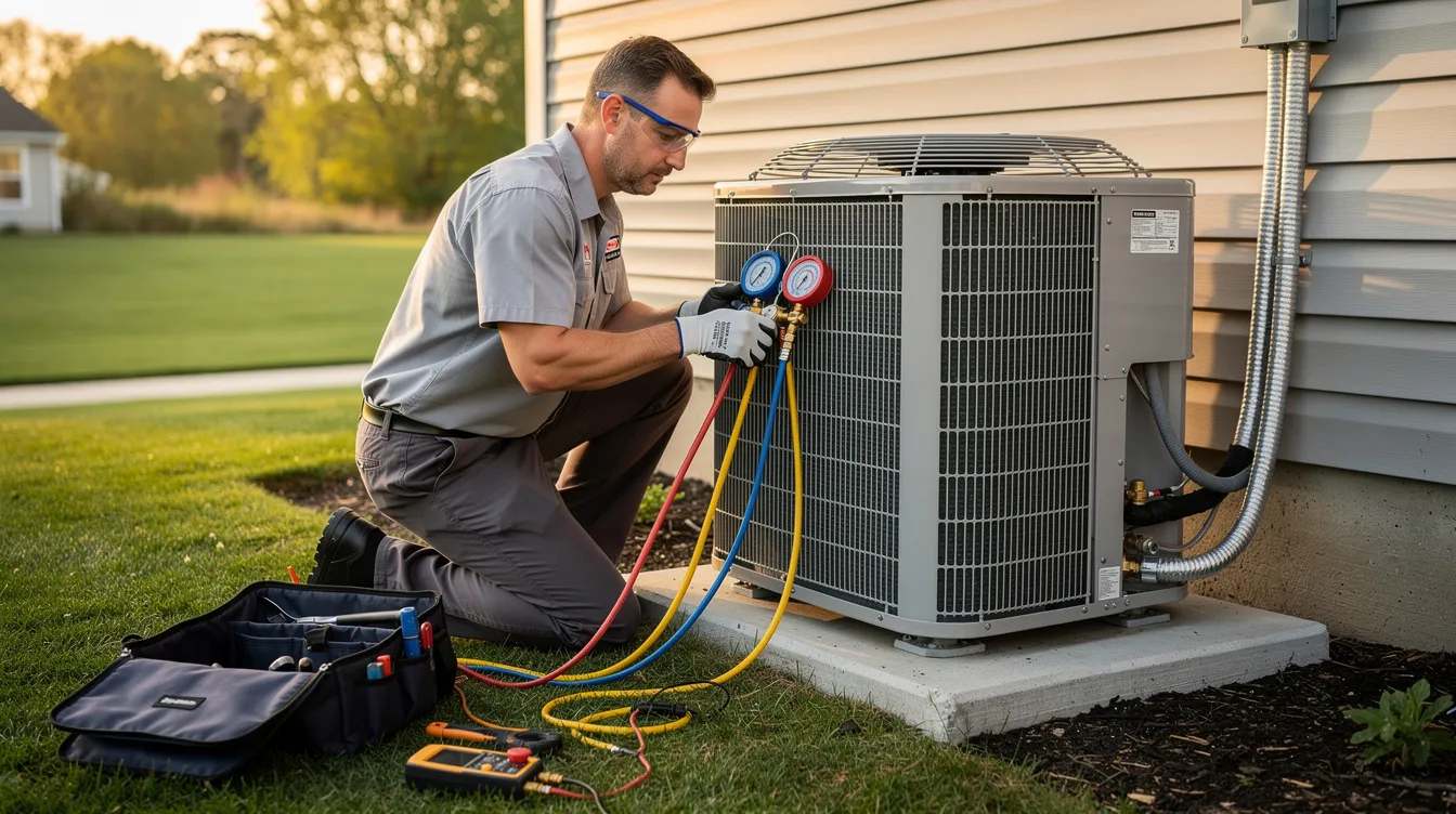 An HVAC technician is using gauges and tools to diagnose a residential outdoor condensing unit, checking the refrigerant lines and condenser coils for potential cooling issues. The technician is focused on ensuring the efficiency of the air conditioning system to prevent costly repairs and maintain optimal performance.