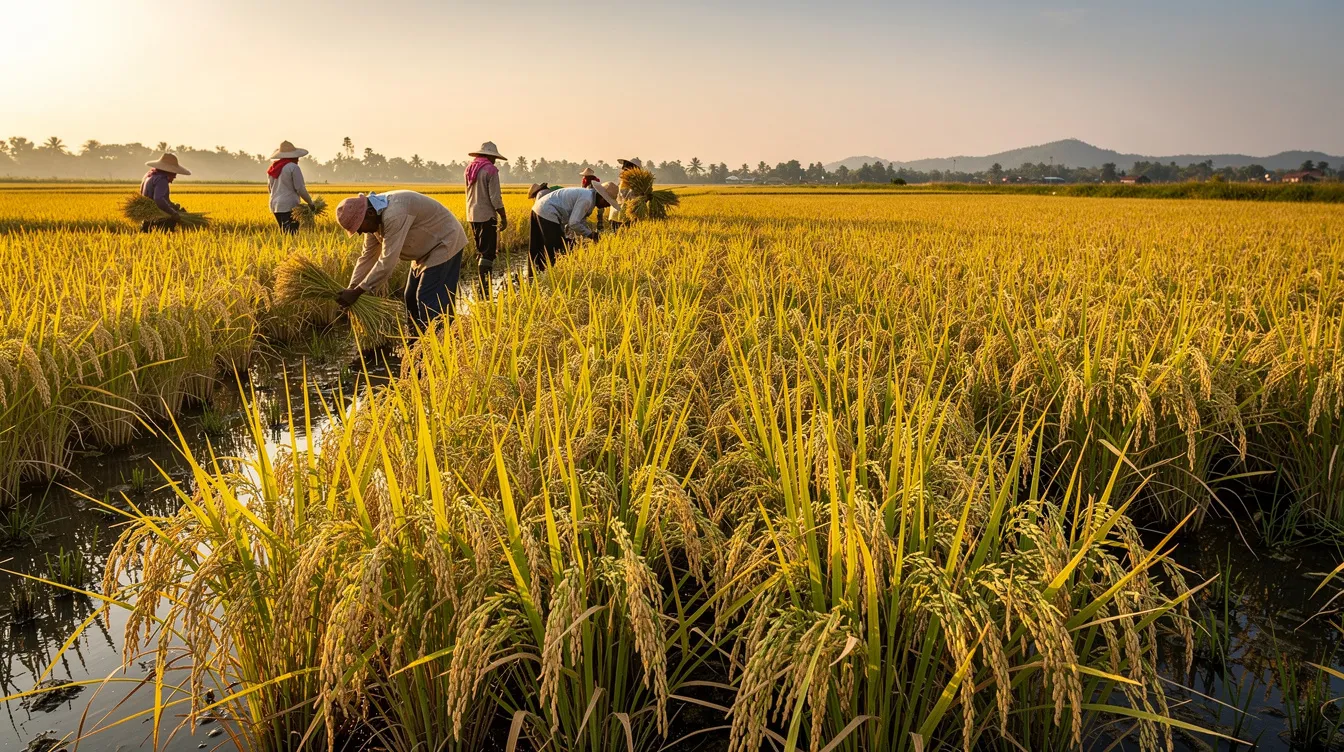 4a4ca700 0e8b 4c60 9168 3f39757c8d98 The image depicts golden paddy fields ready for harvest, with smallholder farmers working in the background, highlighting the importance of rice farming systems in agricultural production. The vibrant fields symbolize the potential for high rice yields and sustainable agriculture practices in various regions.