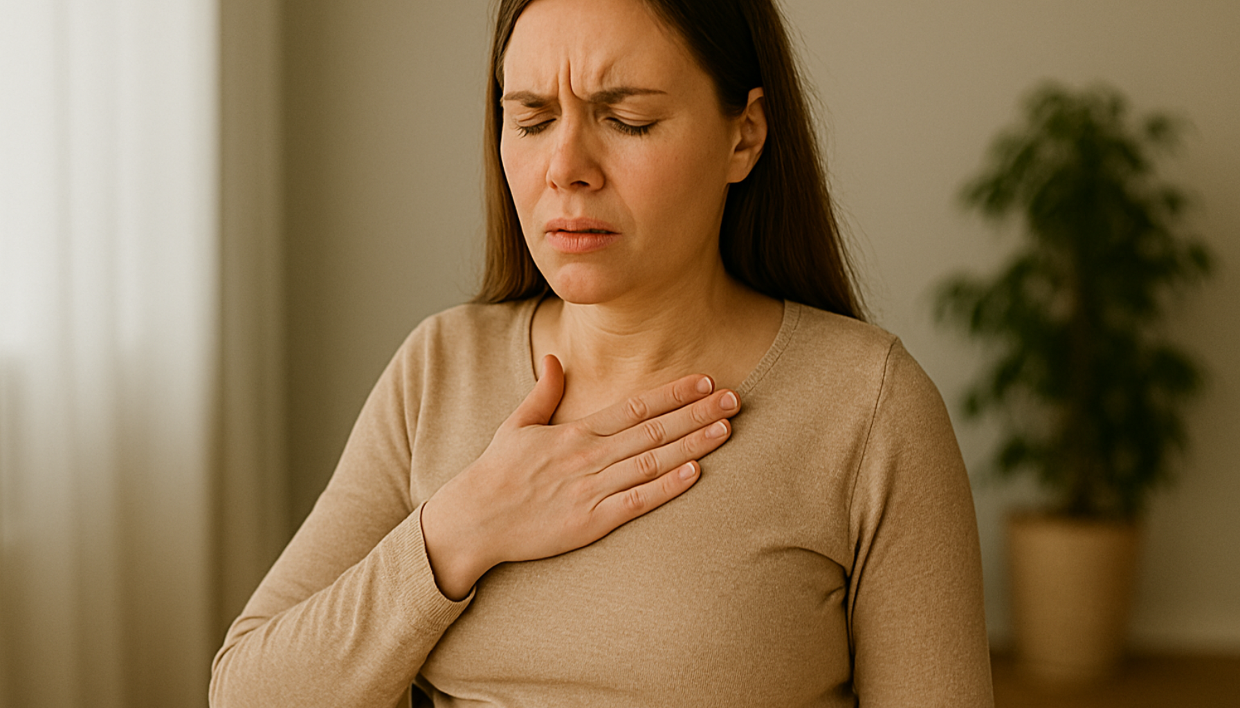 Gravid kvinne som holder hånden mot brystet mens hun kjenner ubehag fra halsbrann.