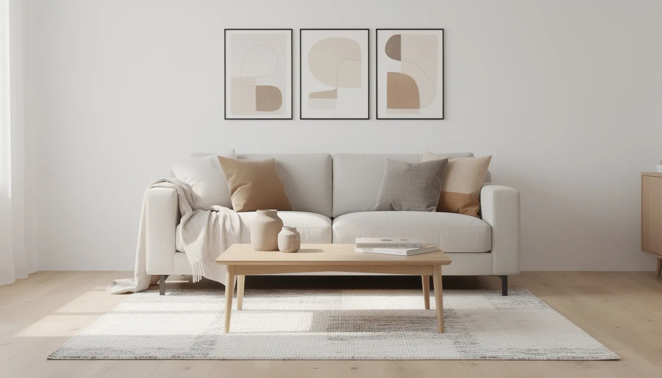 The image showcases a stylish living room featuring a compact sofa adorned with layered cushions in neutral tones, complemented by a low-profile rug and minimalist wall art above. This small living space is designed for comfort and functionality, making it ideal for small apartments or studio living, while also emphasizing contemporary design and smart storage solutions.