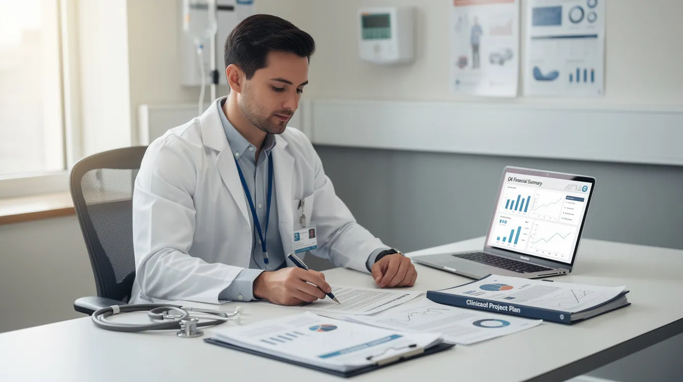 4a4f25d7 64c9 46bc 97a6 74974f96443e A healthcare professional is seated at a desk, meticulously reviewing financial reports and project documents related to setting up a new diagnostic centre. The scene reflects the operational costs and initial investment considerations crucial for establishing a successful lab in the healthcare industry.