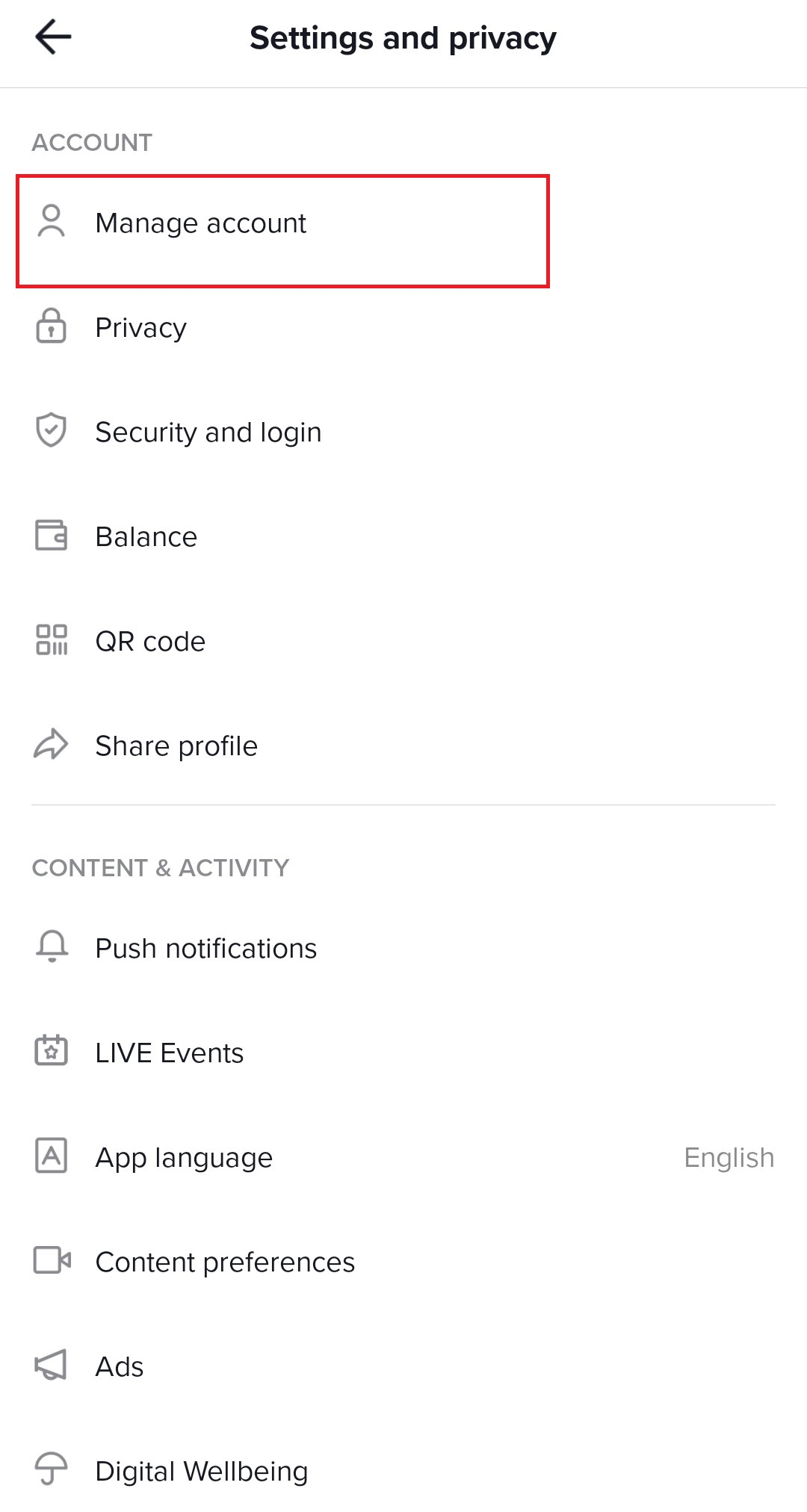 TikTok manage account setting.