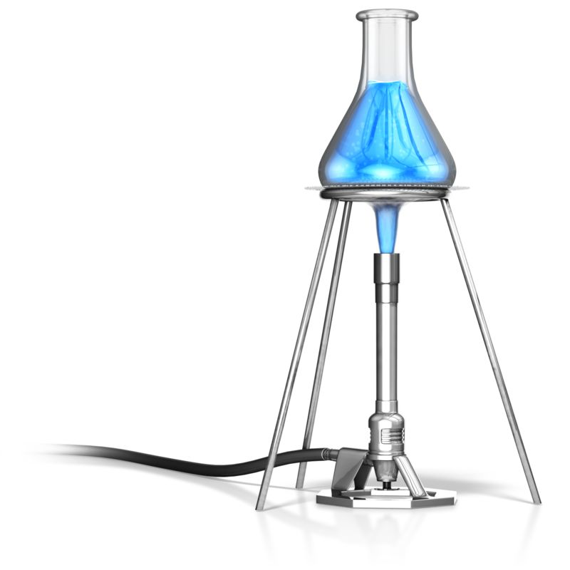 Boiling flask being heated by a Bunsen burner in a laboratory setting