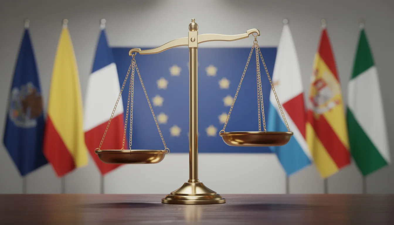 L'immagine mostra una bilancia della giustizia, simbolo di equità e legalità, con sullo sfondo diverse bandiere europee che rappresentano la varietà dei paesi. Questo contesto richiama l'importanza delle scommesse sportive straniere e dei siti di scommesse legali in Europa.