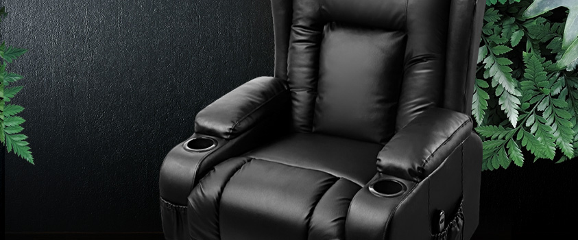 An Artiss Black PU Leather Electric Massage Recliner. The picture is angled to show the two cup holders and side storage pocket.