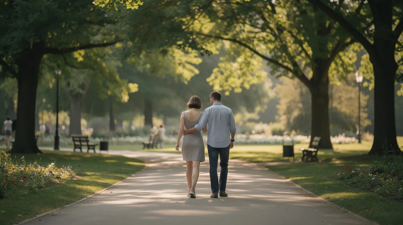 Two people are walking together along a peaceful park path, enjoying each other's company and fostering a healthy relationship through meaningful dialogue. Their body language reflects mutual respect, indicating a strong connection as they navigate life's small stuff together.