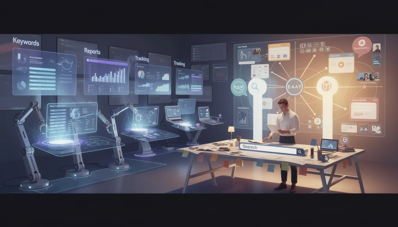 The image depicts a digital landscape where artificial intelligence and search engine optimization (SEO) intersect, illustrating the evolving relationship between AI tools and traditional SEO practices. Key elements include keywords, search engine results pages, and the importance of user intent, emphasizing how AI is shaping content creation and SEO strategies while maintaining core principles for effective search engine rankings.