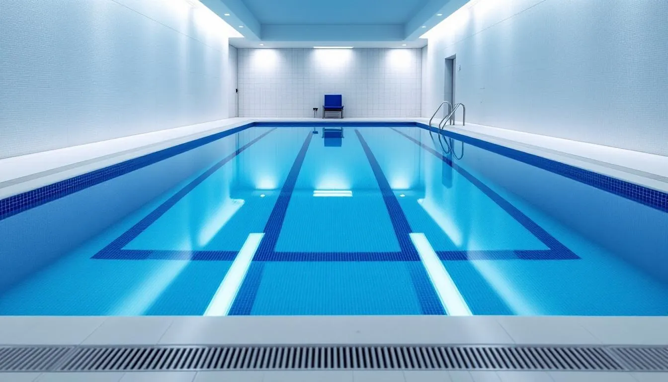 The image depicts a swimming pool with clear blue water, surrounded by modern equipment including a variable speed pool pump, designed for optimal performance and increased energy savings. The setup emphasizes features like preprogrammed flow rates and quiet operation, showcasing a blend of aesthetics and functionality.