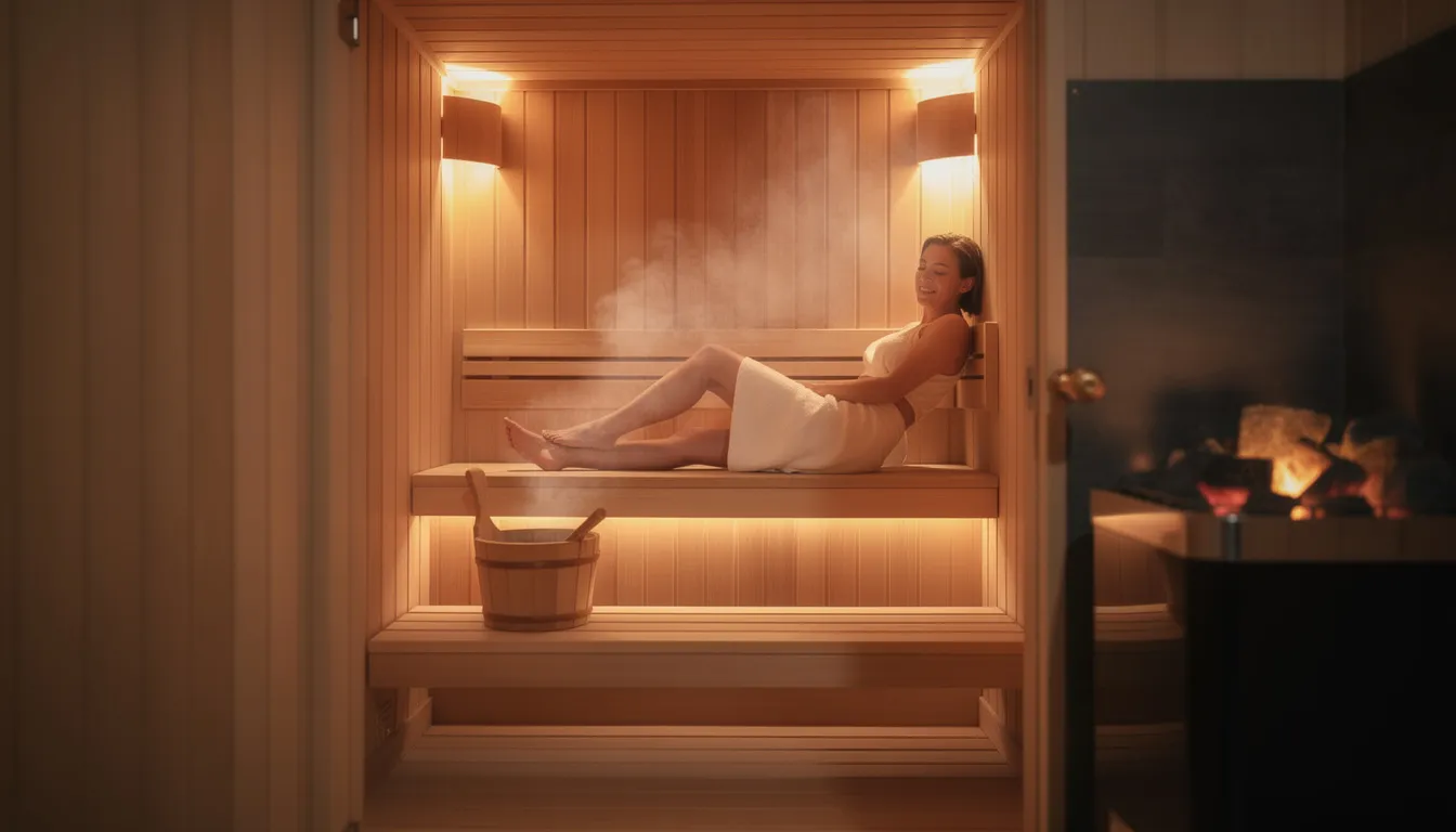 A person is relaxing inside a wooden sauna cabin, surrounded by warm ambient lighting that creates a soothing atmosphere. This traditional Finnish sauna offers a hot and steamy environment, promoting stress relief and various health benefits, including improved cardiovascular health and muscle recovery.