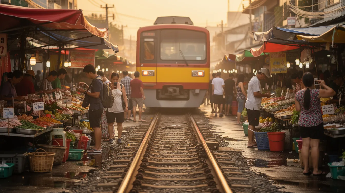 A imagem mostra o movimentado mercado ferroviário de Bangkok, na Tailândia, onde barracas de comida de rua se alinham ao longo dos trilhos do trem. O ambiente é vibrante, com pessoas comprando iguarias locais, como o famoso pad thai, enquanto o trem passa, criando uma experiência única e dinâmica.