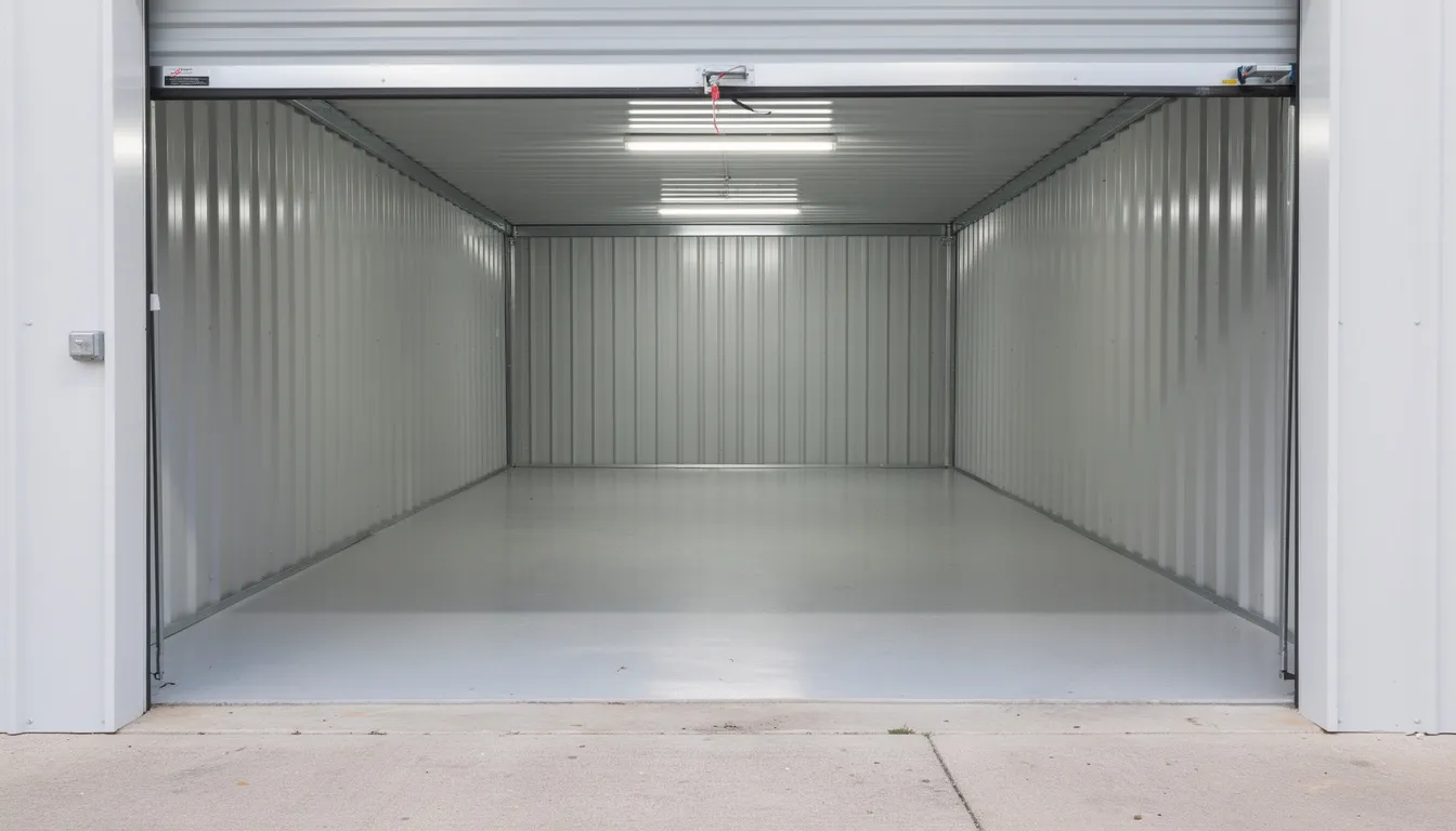 The image shows an empty and clean storage unit with the door wide open, providing a clear view of the spacious interior that is ready for use. This scene reflects the benefits of a storage unit cleanout, offering extra space for personal belongings while ensuring a stress-free experience.
