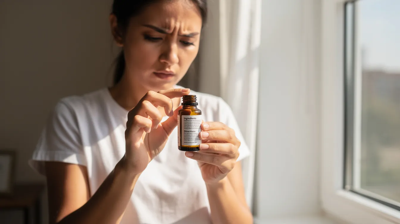 A person is closely examining the label on a small bottle, likely containing hemp-derived products, as natural light filters in through a nearby window. This careful scrutiny may relate to understanding the legal status of delta 9 THC and THCA under Virginia law and federal guidelines.