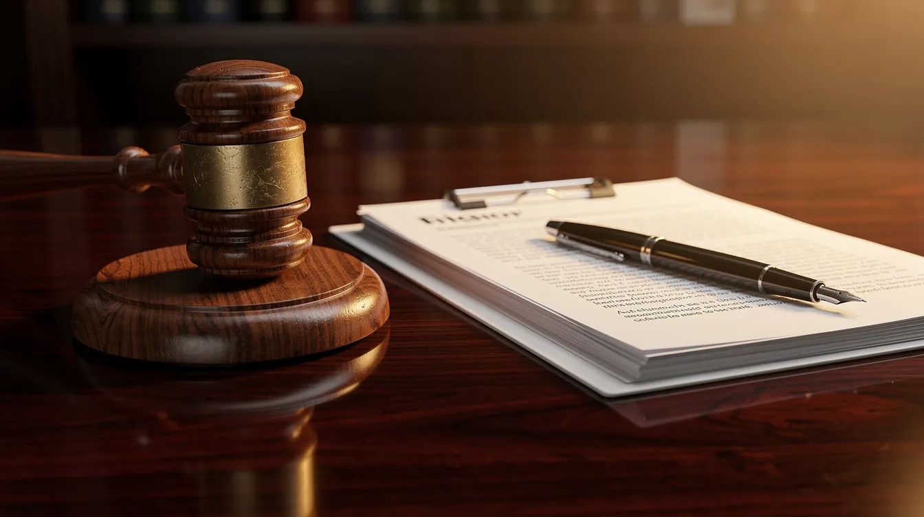 The image features a wooden gavel resting on a polished desk next to a stack of legal documents, symbolizing the legal aspects surrounding cannabis regulations, including hemp derived products and delta 8 THC. The scene conveys a professional legal environment, highlighting the importance of understanding state laws and controlled substances related to the cannabis sativa plant.