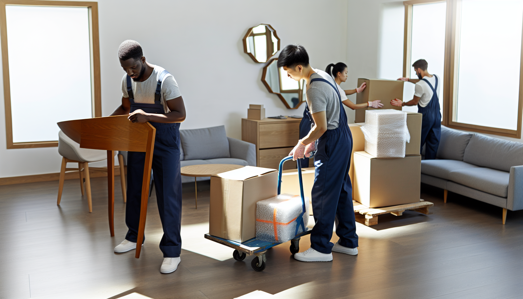 Professional movers transporting furniture during a relocation