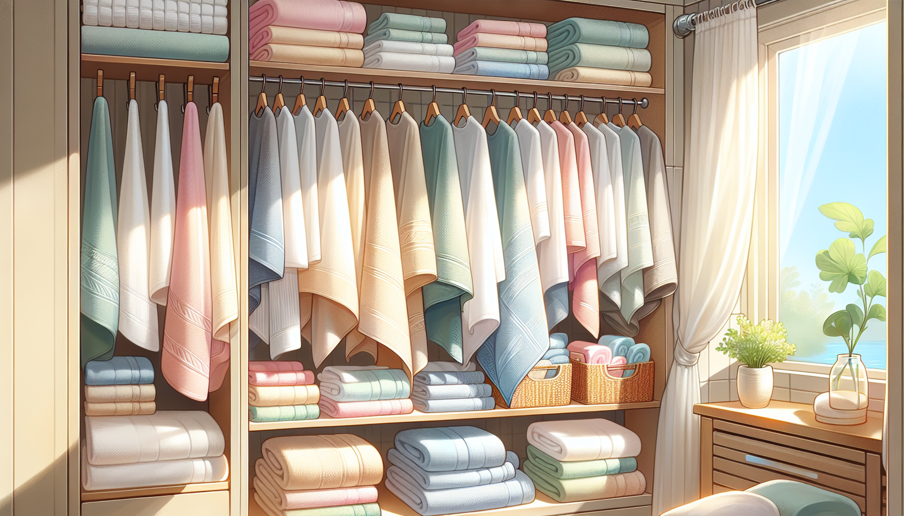 Towels hanging in a linen closet to save space.