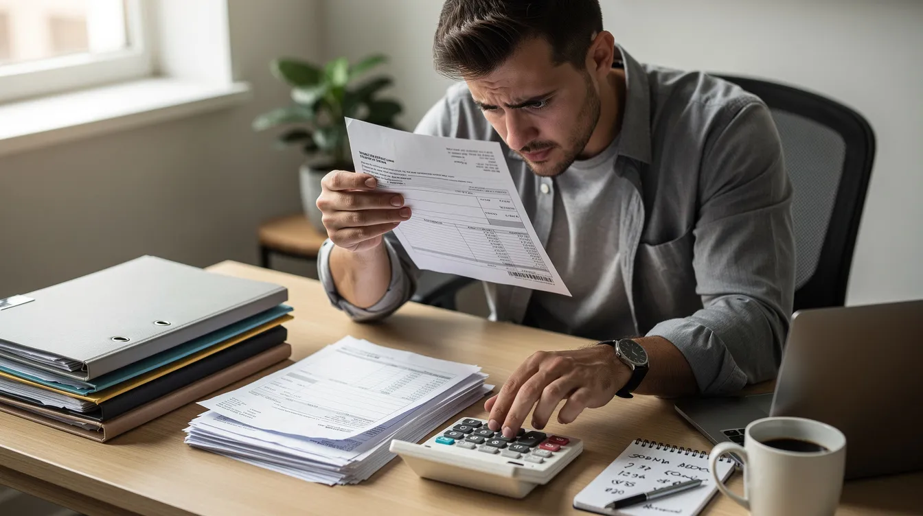 A small business owner is seated at a desk, reviewing financial papers and using a calculator to analyze their business plan and cash flow projections. This scene reflects the essential tasks involved in preparing a mudra loan application for funding through various banks and microfinance institutions.