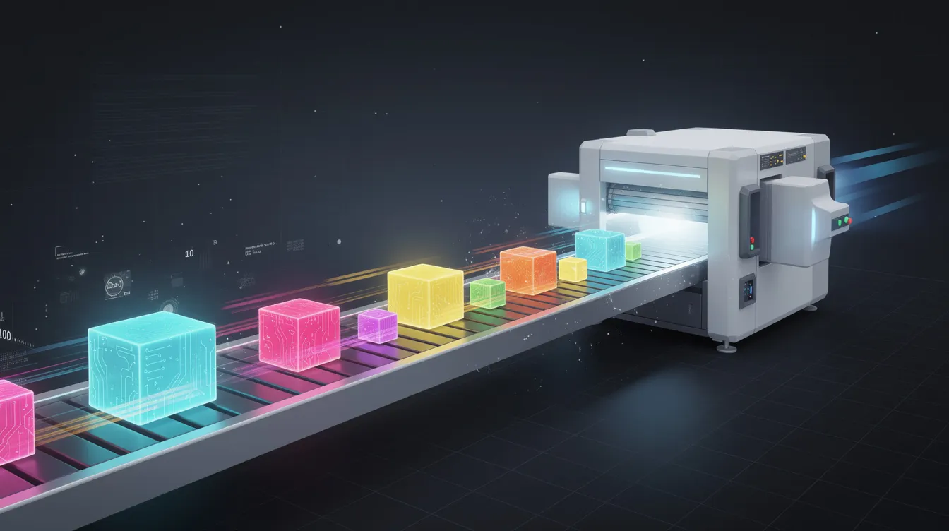 An abstract image depicts a conveyor belt transporting colorful data blocks towards a processing machine, symbolizing the flow of training data in machine learning models. This visual representation reflects concepts such as model training and the use of deep learning frameworks like TensorFlow for processing high-dimensional data.