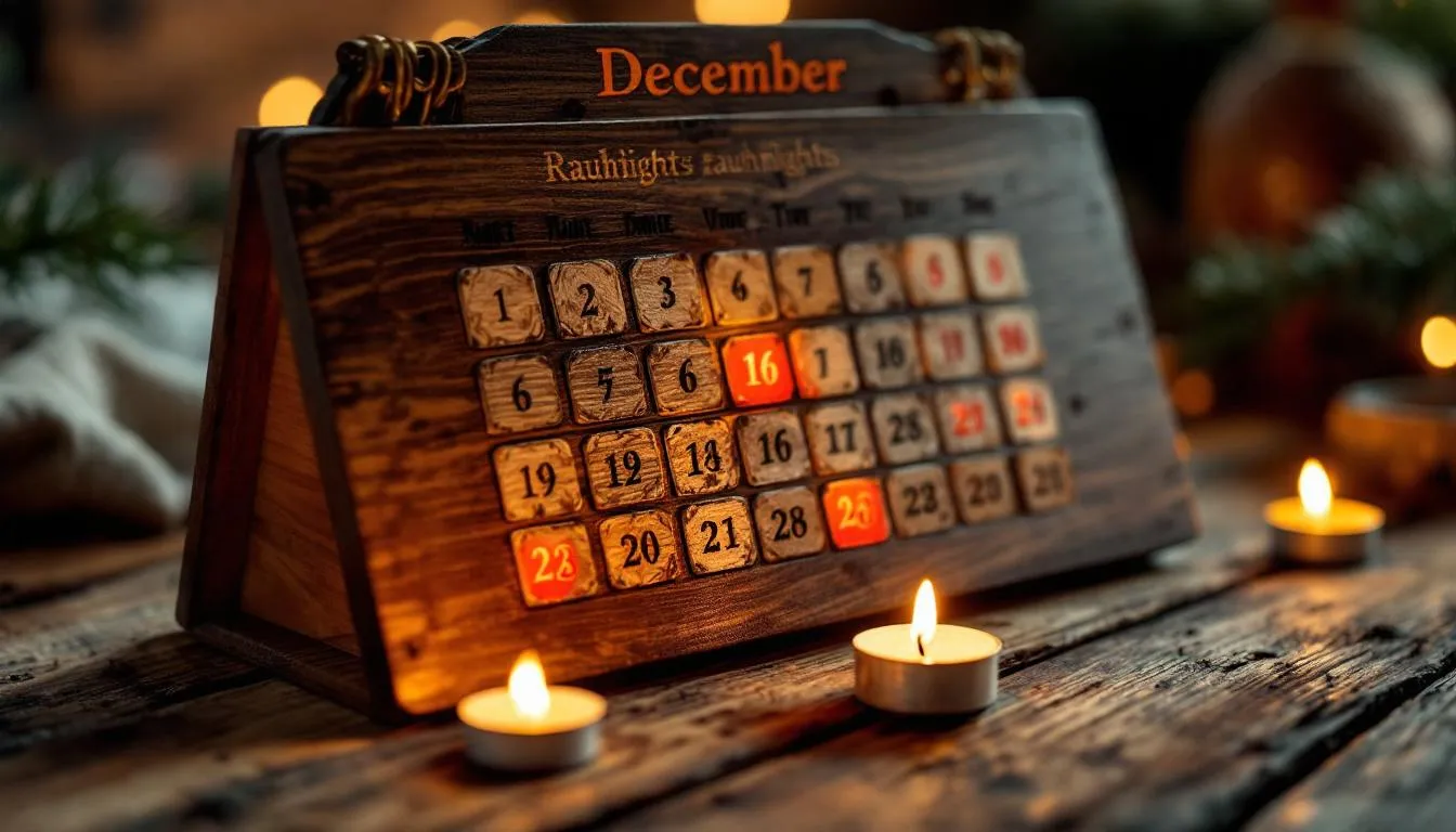 Der Kalender zeigt markierte Termine der Rauhnächte, umgeben von brennenden Kerzen, die eine besinnliche Atmosphäre schaffen. Diese magische Zeit zwischen den Jahren ist geprägt von Ritualen und Bräuchen, die den Jahreswechsel und die Reflexion über Wünsche und Träume symbolisieren.