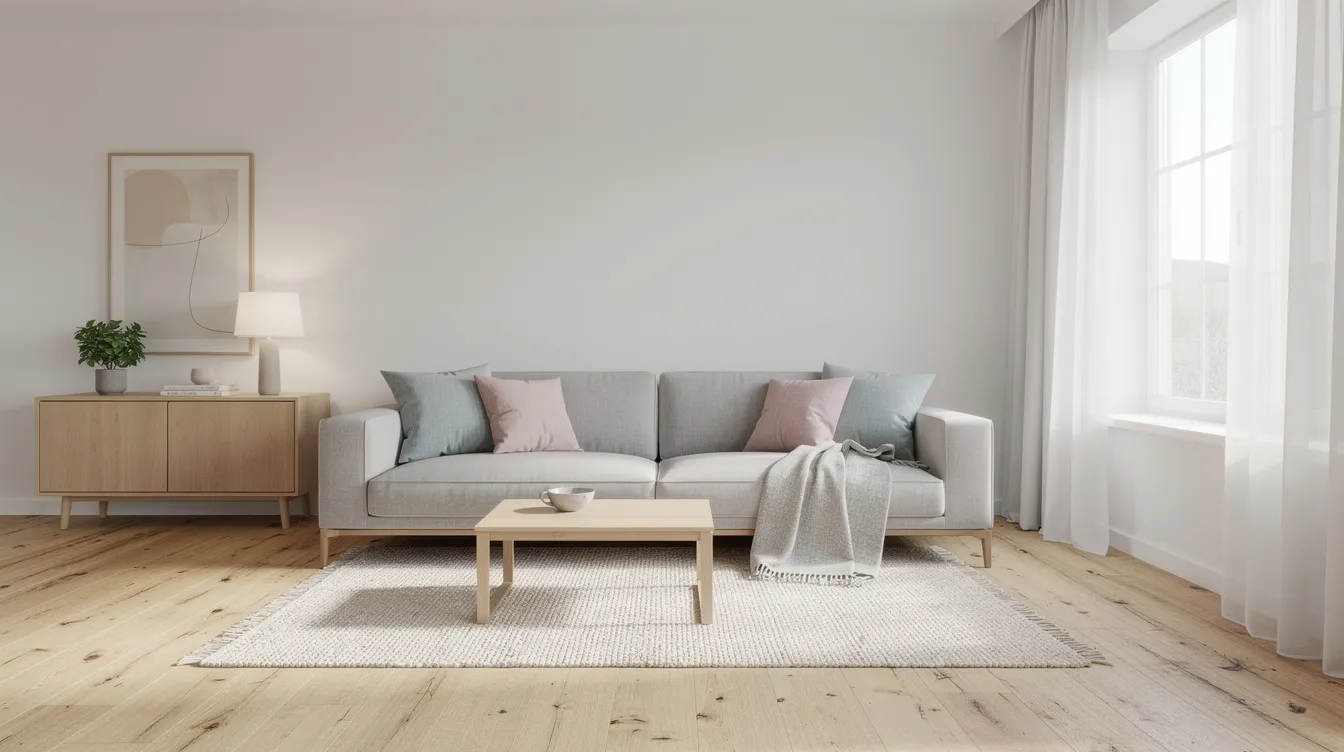 Ett modernt vardagsrum med en grå soffa i skandinavisk stil, som har avtagbar klädsel och passar perfekt för att skapa en komfortabel och stilren inredning. Rummet har ljust trägolv och en öppen känsla, vilket gör det till en bra plats för avkoppling och umgänge.