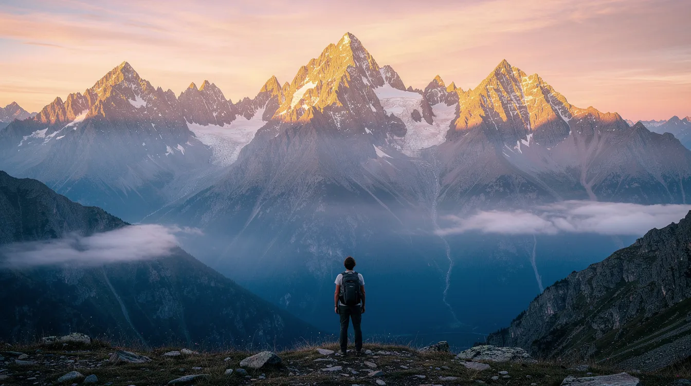 A solitary person stands before a vast mountain at sunrise, bathed in golden light, symbolizing the divine power of faith as they reflect on the biblical promise that with enough faith, like a grain of mustard seed, they can move mountains. The serene scene evokes a sense of hope and connection to God's grace in the beauty of creation.