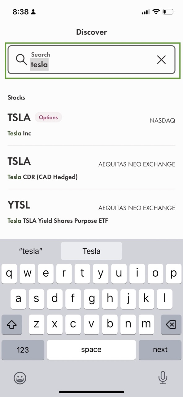 Searching for Tesla on Wealthsimple Trade App
