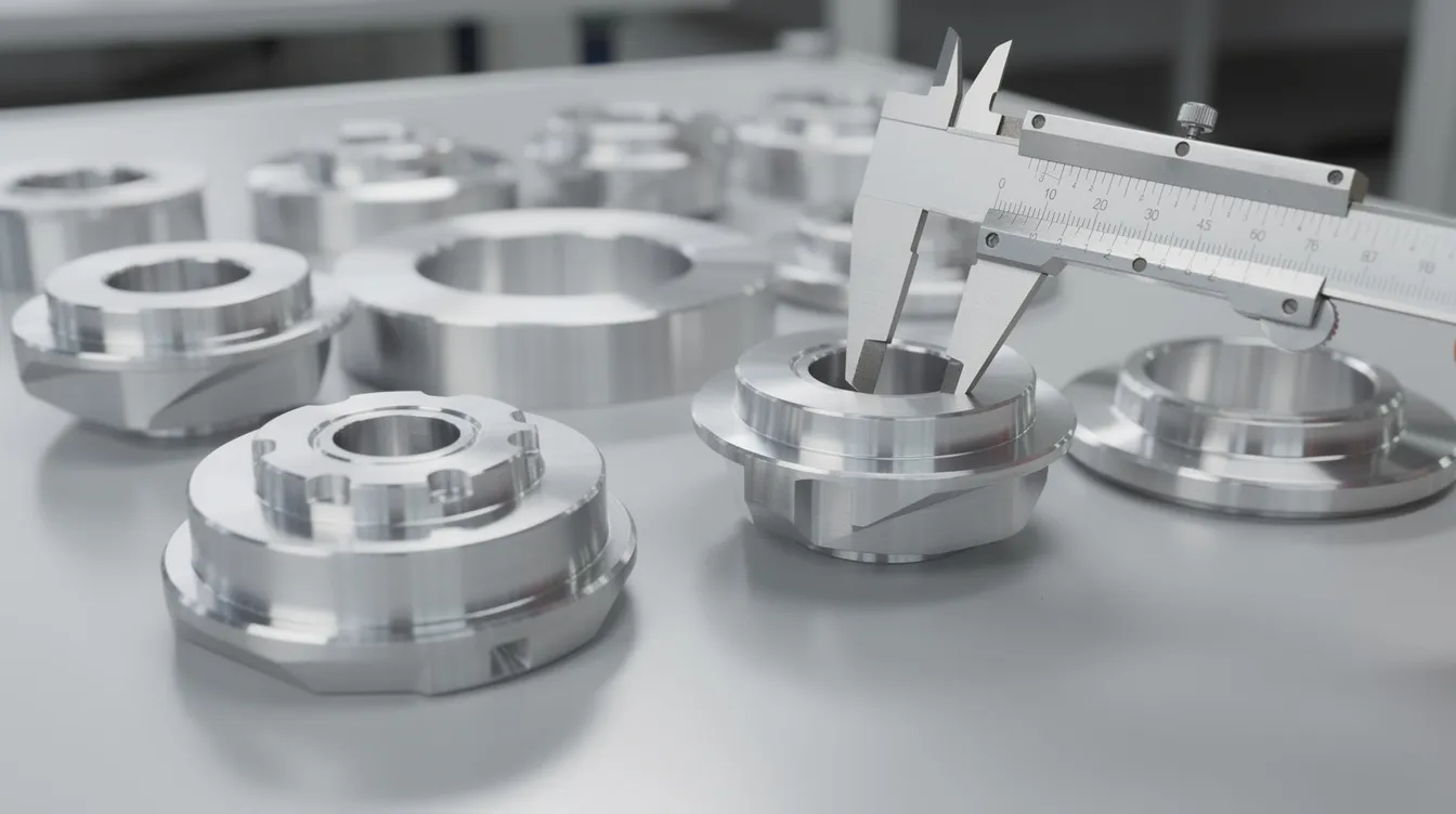 A close-up view of precision machined aluminum parts showcases their mirror-like surface finish, arranged neatly on an inspection table beside measuring calipers. This image highlights the quality control aspect of the CNC machining process, emphasizing the high standards and attention to detail required in manufacturing custom parts for various industries.