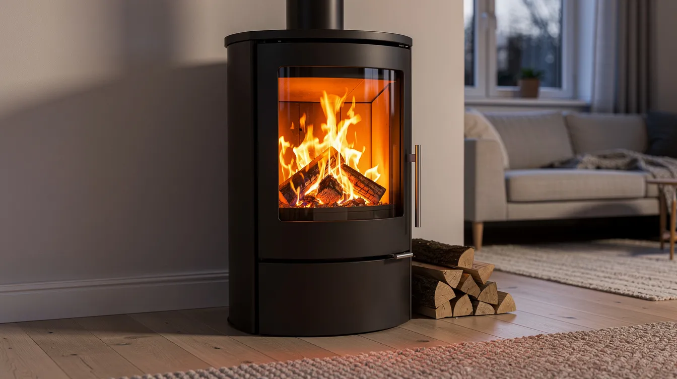 Een moderne vrijstaande houtkachel staat in een sfeervolle woonkamer, met een brandend vuur achter glas dat zorgt voor een gezellige ambiance. Deze kachel voldoet aan de huidige eisen voor verantwoord stoken en draagt bij aan een schonere lucht, terwijl het gebruik van droog hout essentieel is voor een optimale verbranding.