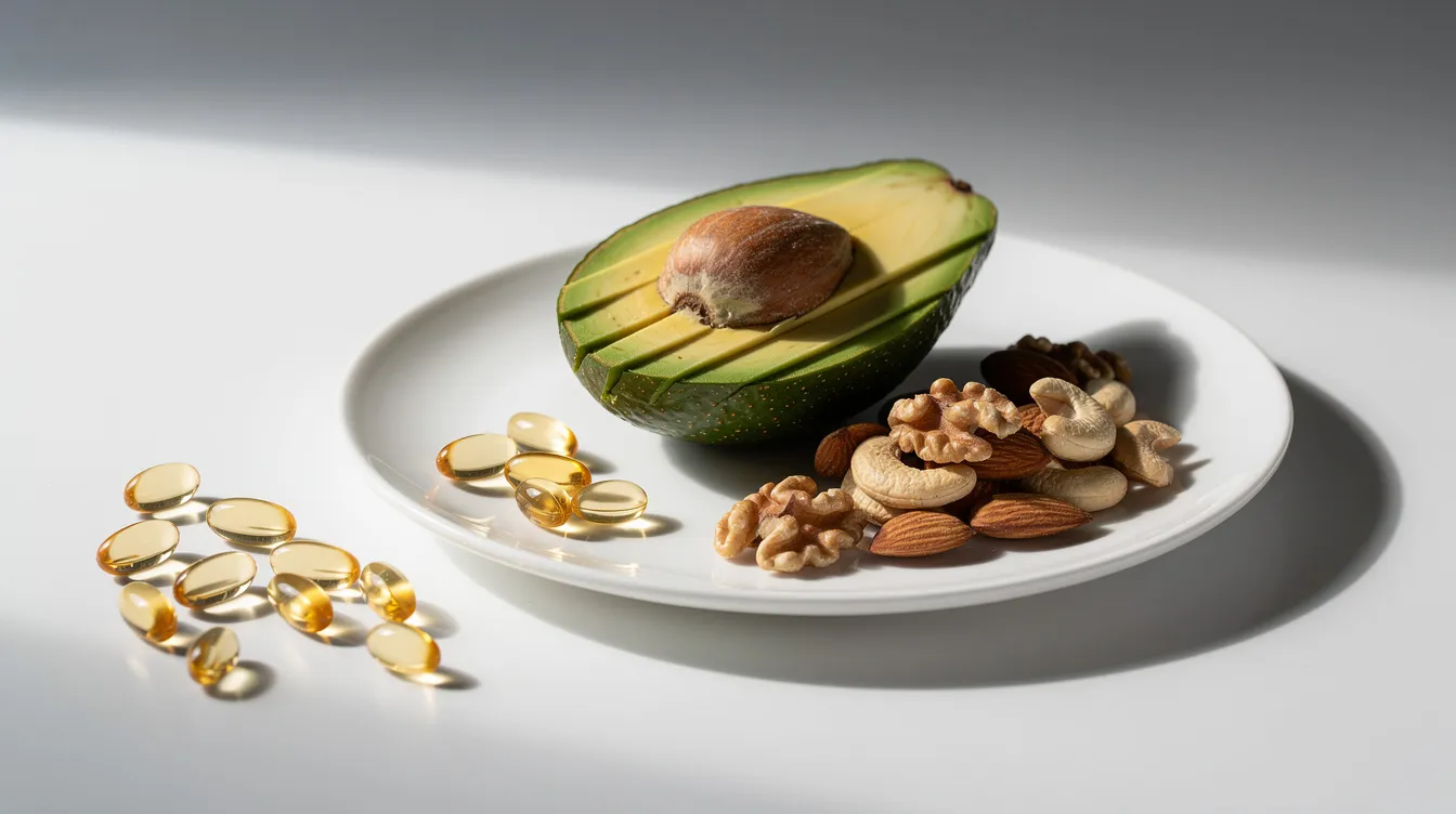 The image features a collection of supplement capsules placed next to a plate filled with fresh avocado and assorted nuts, highlighting a dietary intake that may support skin health and combat chronic inflammation. This visual suggests a focus on anti-aging and longevity research, potentially incorporating fisetin supplements known for their antioxidant properties and ability to target senescent cells.