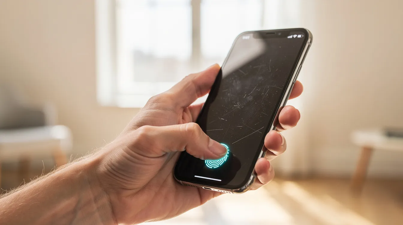 The image shows a person unlocking their smartphone using a fingerprint scanner in a brightly lit room, highlighting the convenience of mobile wallets for managing money digitally and making secure online payments. This biometric authentication method enhances security for digital wallet services, allowing users to easily access their bank accounts and pay bills.