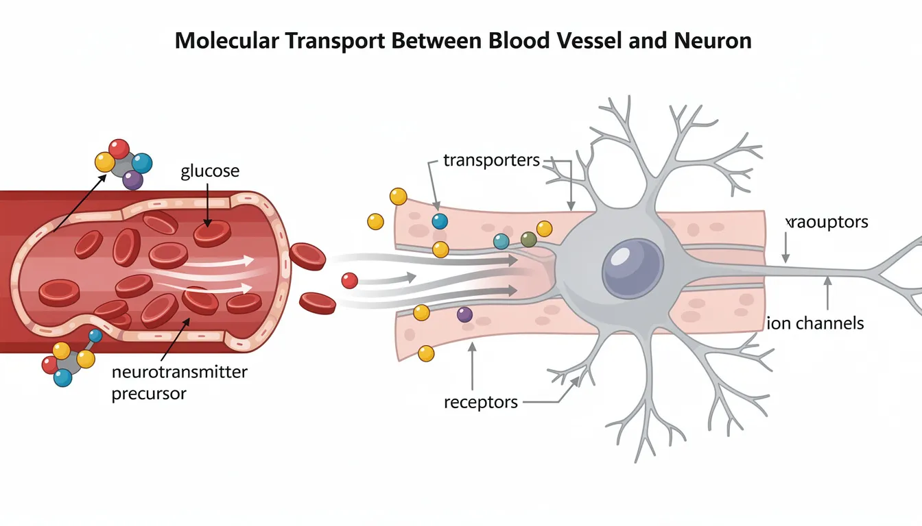 The image depicts a simplified illustration of a blood vessel alongside a neuron, highlighting the process of molecular transport essential for brain health. This visual representation emphasizes the importance of blood flow in maintaining cognitive function and preventing symptoms of brain fog, such as difficulty concentrating and mental fatigue.