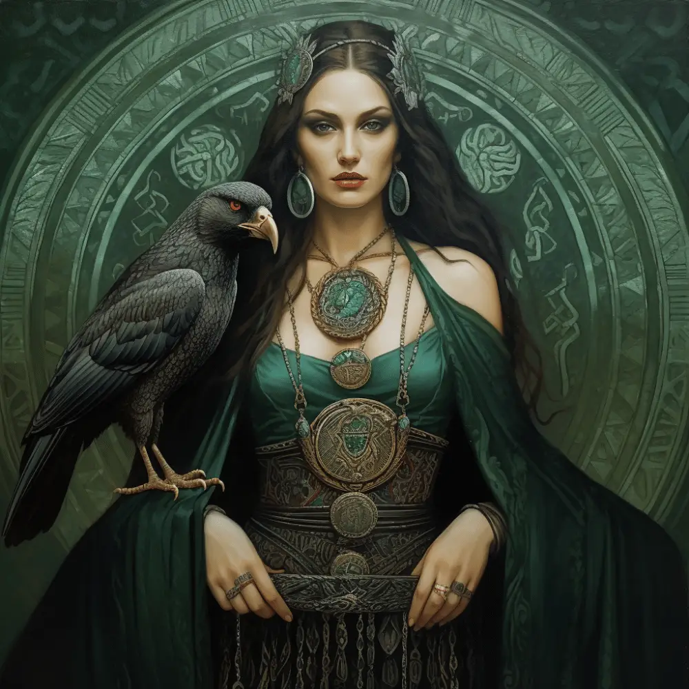 Morrigan dressed in green clothing with Celtic jewelry and a crow perched on her forearm