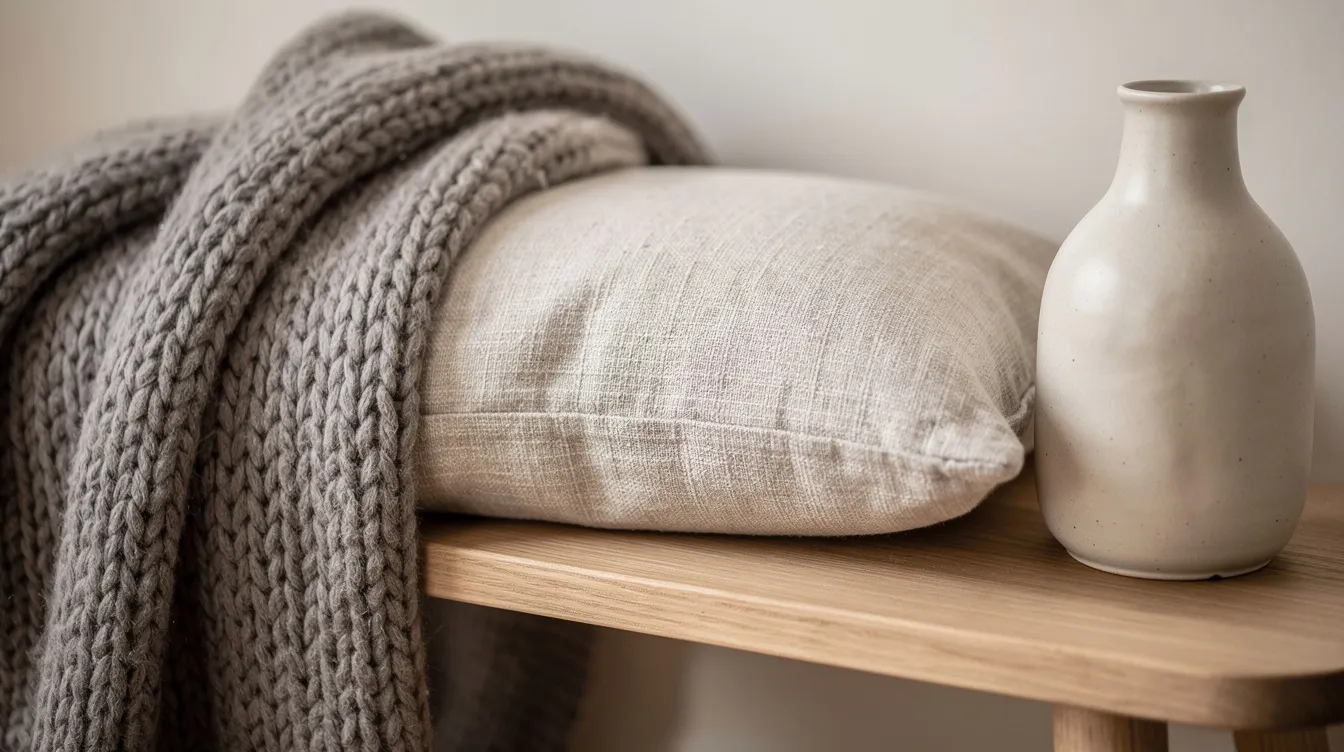 Een close-up van natuurlijke materialen toont een linnen kussen op een houten bankje, een keramieken vaas en een wollen plaid, die samen een warme en rustgevende sfeer creëren met aardetinten. De combinatie van deze elementen benadrukt de natuurlijke uitstraling en het mooie contrast tussen de verschillende texturen en kleuren.