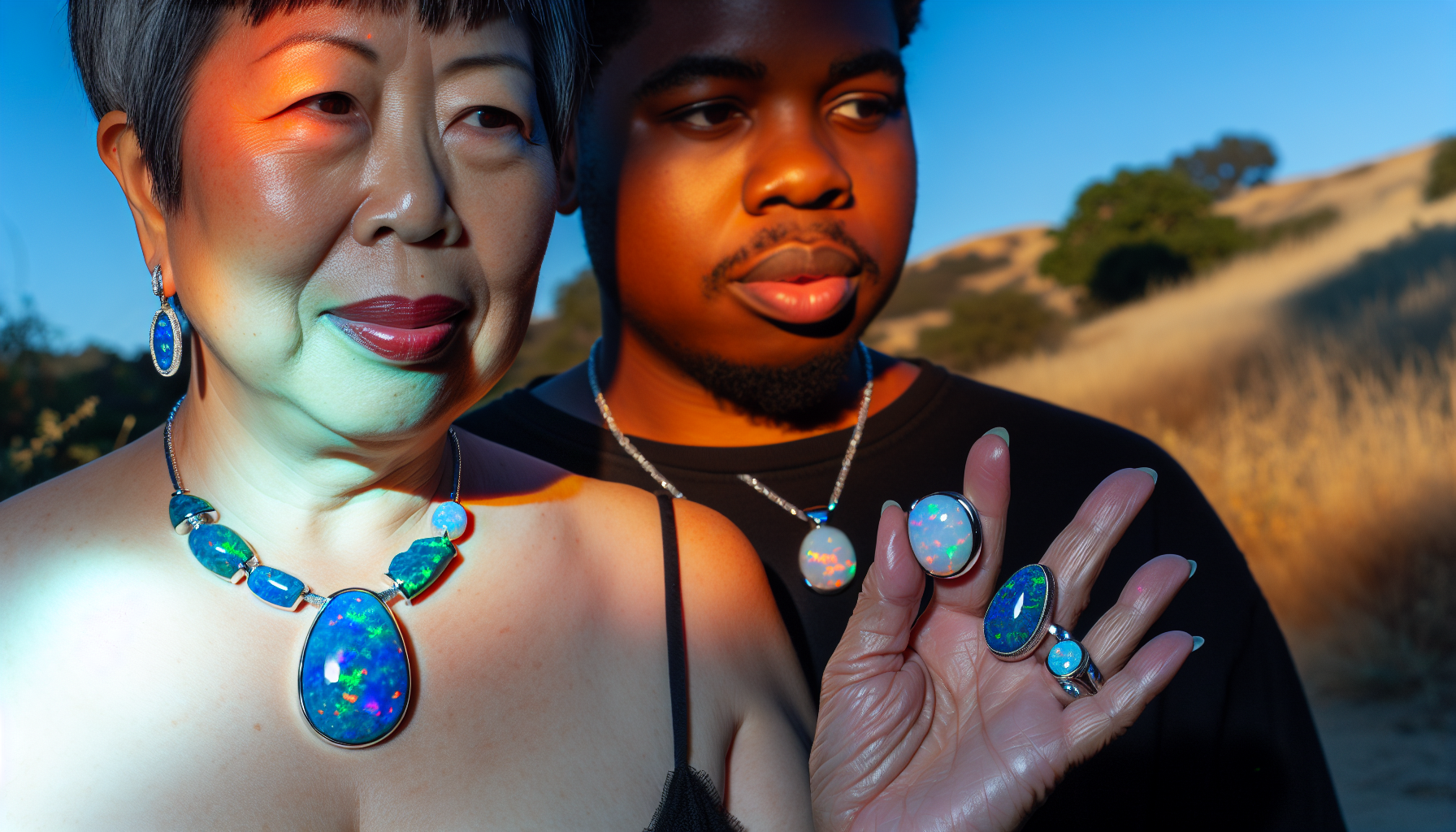 Opal jewelry being worn under sunlight