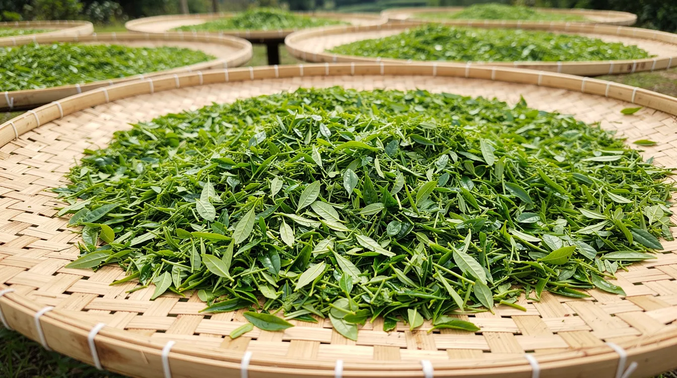Liście herbaty oolong rozłożone na bambusowych matach podczas więdnięcia