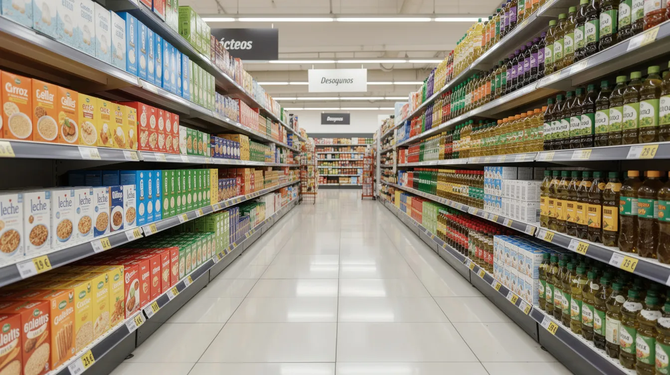 Imagen de un pasillo de supermercado lleno de estantes repletos de productos comestibles, donde los visitantes pueden encontrar una variedad de artículos. Este entorno, aunque cotidiano, puede presentar peligros que resulten en accidentes por resbalones y caídas, lo que subraya la importancia de la responsabilidad de los propietarios y la necesidad de un abogado especializado en lesiones en Houston.