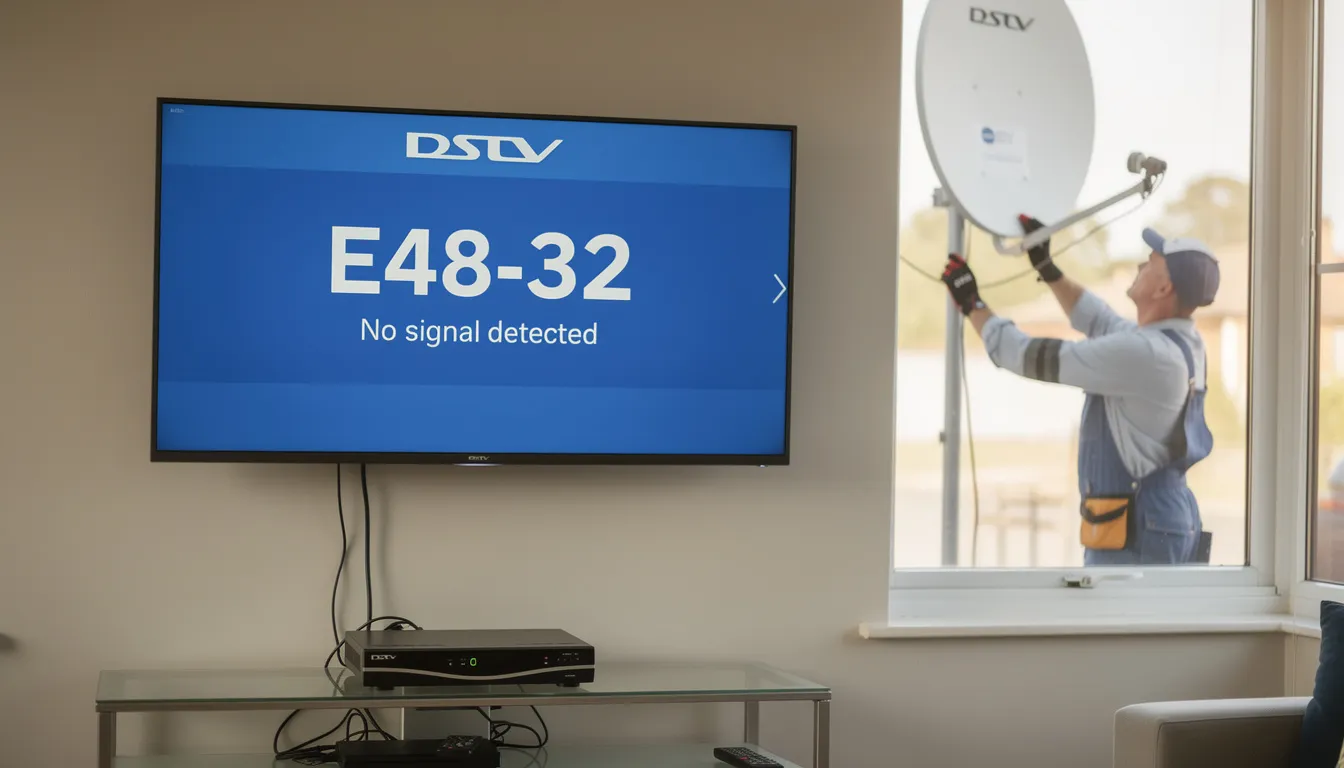 The image depicts a professional DSTV installer examining a satellite dish installation that is displaying the error message "e48-32." The technician is checking the coaxial cables and connections to ensure proper signal reception and address any potential signal problems, such as loose connections or dish misalignment.