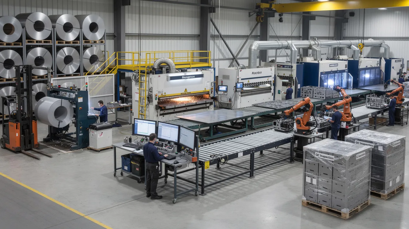 The image illustrates the sheet metal manufacturing process, showcasing various stages from raw coil to finished OEM assemblies, including techniques such as laser cutting and bending sheet metal. The scene highlights metal parts being shaped into complex forms, emphasizing the precision and efficiency of modern fabrication processes.
