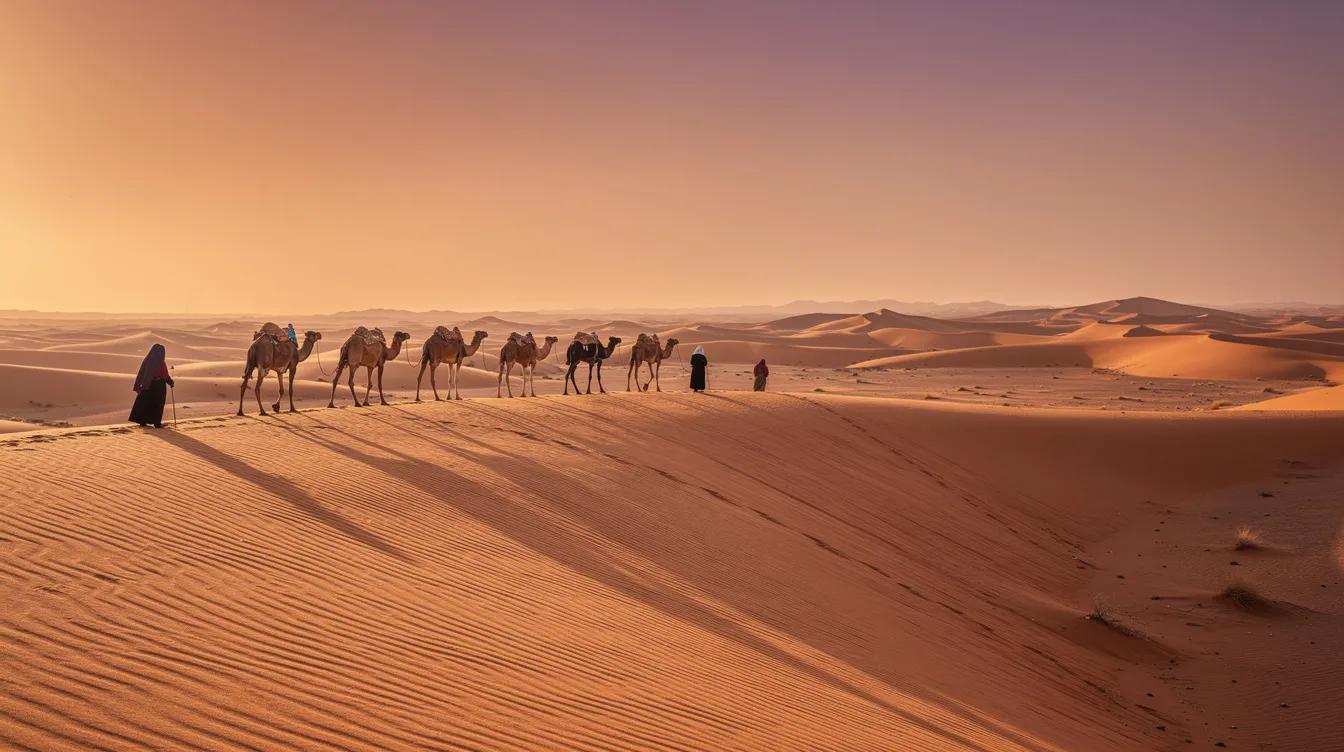 A panoramic view of the golden Sahara desert features rolling dunes under a vibrant sunset, with a line of camels gracefully walking along a ridge. This scene captures the essence of Morocco travel and the beauty of desert tours, inviting adventure seekers to explore its stunning landscapes.