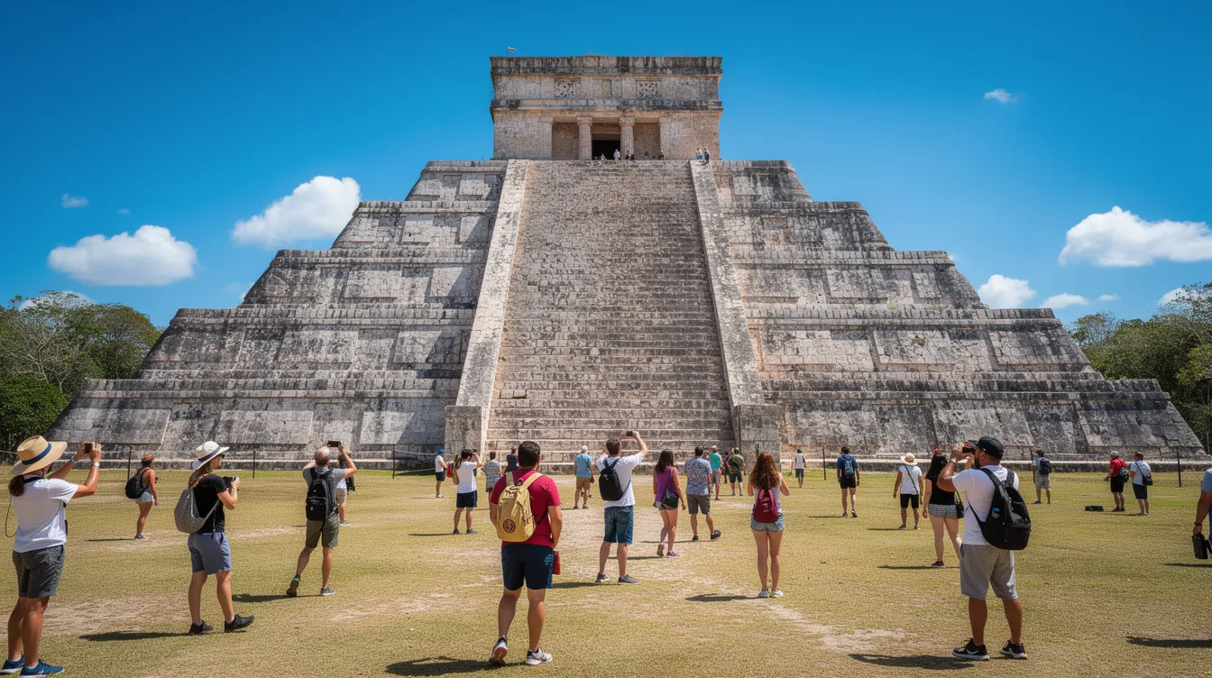 The image shows an ancient Mayan pyramid towering against a clear blue sky, with a group of tourists in the foreground, capturing the grandeur of this archaeological site. This iconic structure is part of a popular day trip itinerary for visitors exploring the Yucatan Peninsula, including nearby attractions like Tulum ruins and pristine beaches.