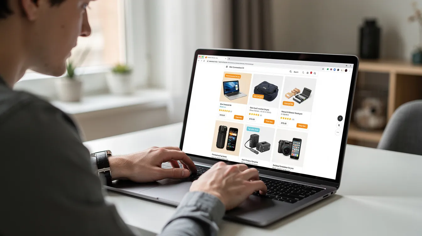 The image shows a person engaged in online shopping on a laptop, with various product recommendations displayed on the screen, highlighting personalized shopping experiences. This scene illustrates the use of AI technology in e-commerce to enhance customer satisfaction and improve the online shopping experience.