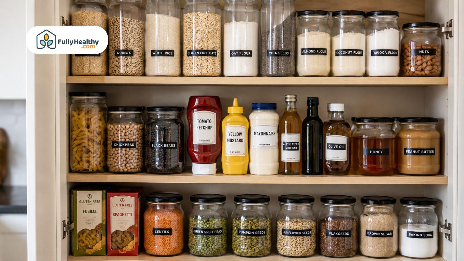 Organized gluten-free pantry stocked with rice, quinoa, gluten-free oats, tomato ketchup, condiments, and pantry staples.