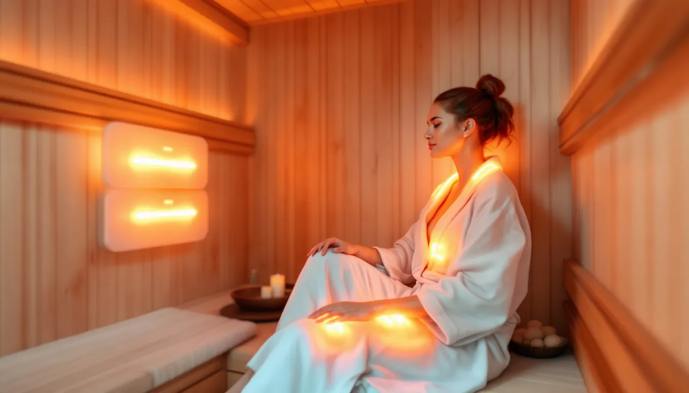 An infrared sauna session in progress, highlighting the targeted heat therapy for joints.