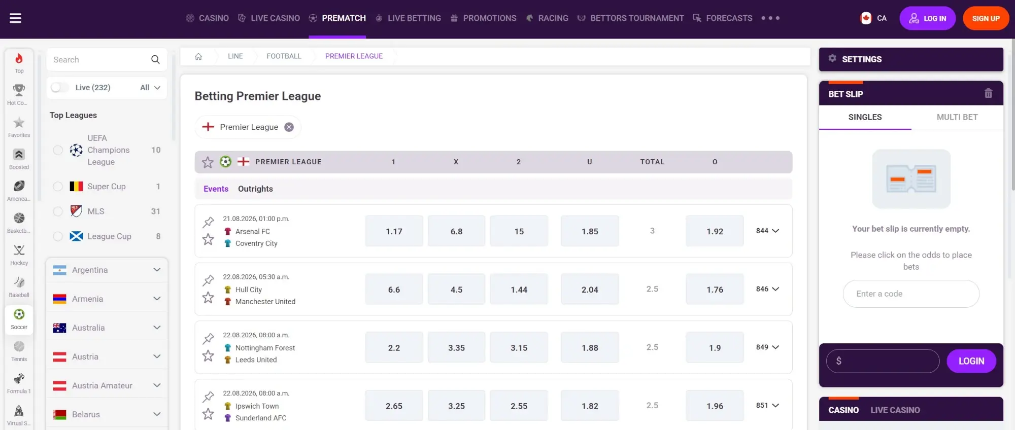 A screenshot of TonyBet displaying Premier League odds