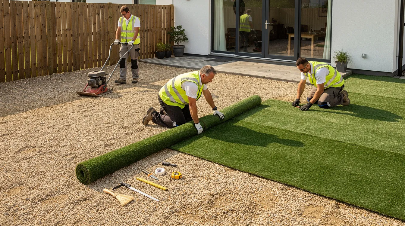 A professional landscaping team is shown installing high-quality artificial turf rolls on a compacted gravel base in a sunny residential backyard, demonstrating their commitment to sustainable landscaping. The vibrant green synthetic grass will transform the yard into a durable and low-maintenance space for homeowners and their pets.